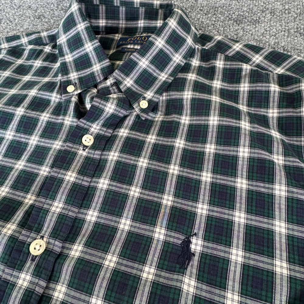 Polo Ralph Lauren Button Down Men Large Plaid Cotton Classic Fit Green Navy
